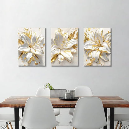 WENGTIAO 3Pcs Elegant White Lily Flowers Canvas Wall Art Boho White Floral Gold Edges Prints Pictures Paintings Beige Blossom Artwork for Living Room Bedroom Office Bathroom 16”x24 x3