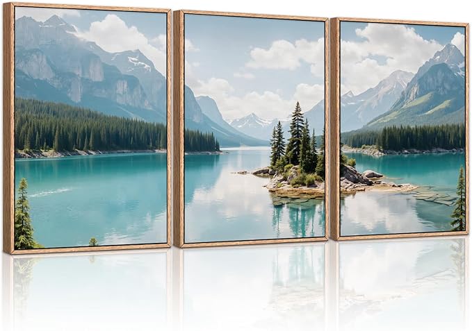 HLNIUC Mountain Wall Art Canvas,Forest Wall Art Mountain Lake,Lake Scenery Artwork,Landscape Nature Framed Decor,Realistic Landscape Prints,Forest Scene Painting for Living Room,Bedroom,Home16x24x3