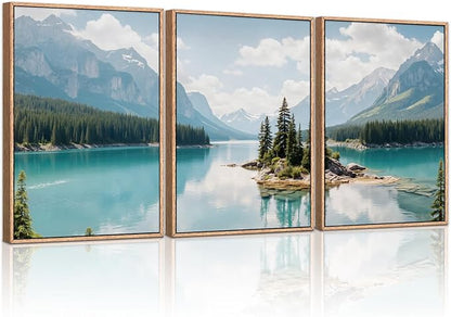 HLNIUC Mountain Wall Art Canvas,Forest Wall Art Mountain Lake,Lake Scenery Artwork,Landscape Nature Framed Decor,Realistic Landscape Prints,Forest Scene Painting for Living Room,Bedroom,Home16x24x3