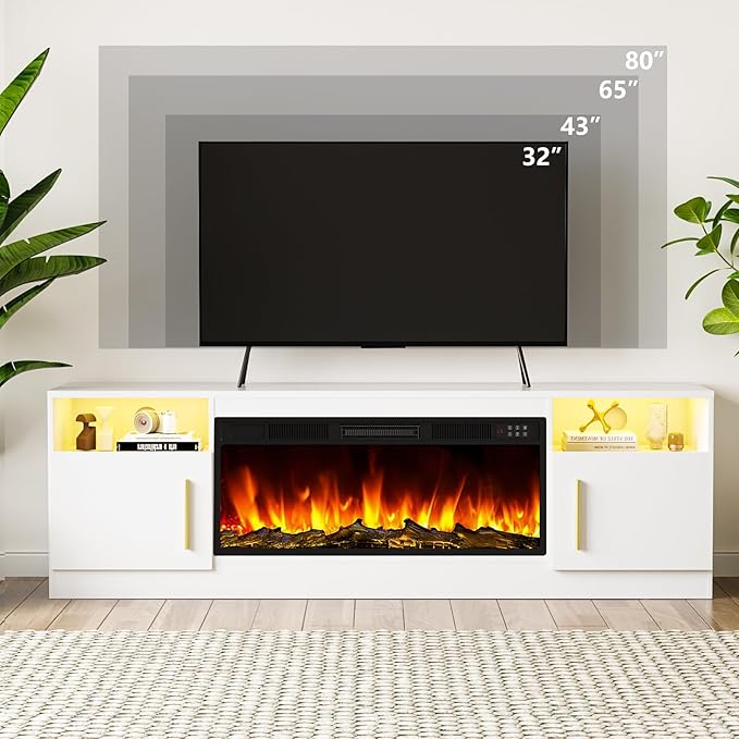 TAVATA Fireplace TV Stand Entertainment Center with 36" Fireplace, 70" Wooden TV Stand for TVs Up to 80", Media TV Console with High Gloss Storage Cabinet and 16 Colors LED Lights (White)