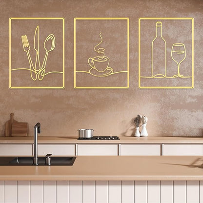 Otoolling 3 Pieces Metal Minimalist Line Kitchen Signs Wall Decor Drawing Rustic Kitchen Wall Art for Dining Living Room Home, 14 x 11 Inches(Dining Room,Gold)