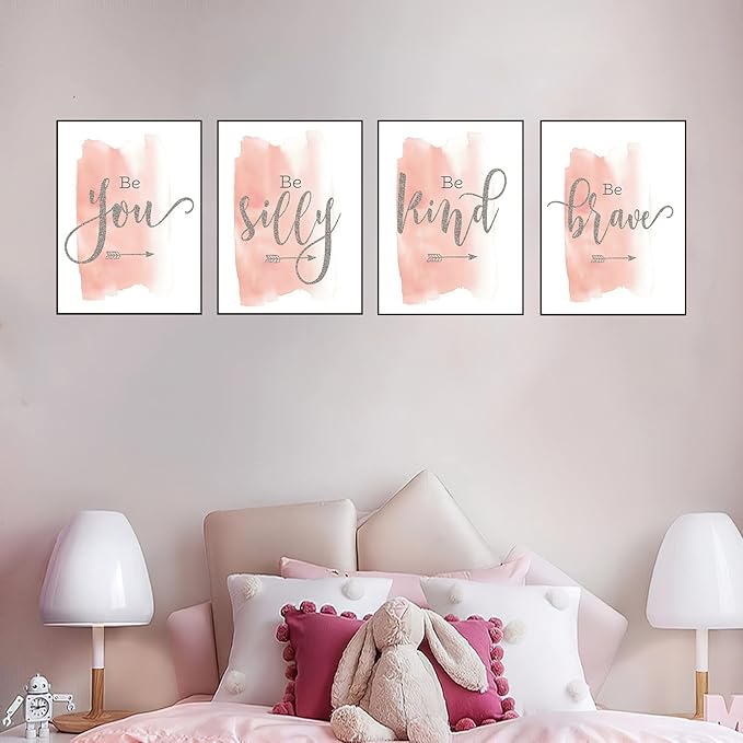 Set of 4 Teen Girl Wall Art Canvas Painting Be Kind Inspirational Quote Print Blush Grey Wall Picture Nordic Poster for Girls Bedroom Decor Home Living Room