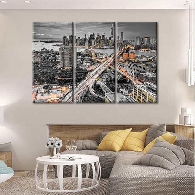 TUMOVO American Cityscape Canvas Paintings Wall Art Manhattan, New York Skyline Artwork Pictures Home Decor 3 Pieces Black and White Wall Art Posters and Prints Framed Ready to Hang (42" Wx28 H)