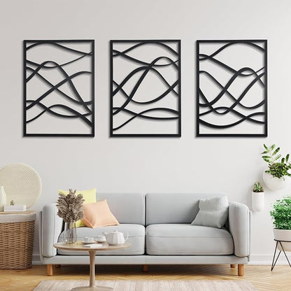 Zzbakress 3 Pcs Black Wooden Wall Decor Abstract Wall Art Decor Fine Curve Decoration Minimalist Wooden Single Line Decoration Wall Art for Living Room Bedroom Bathroom (Retro)