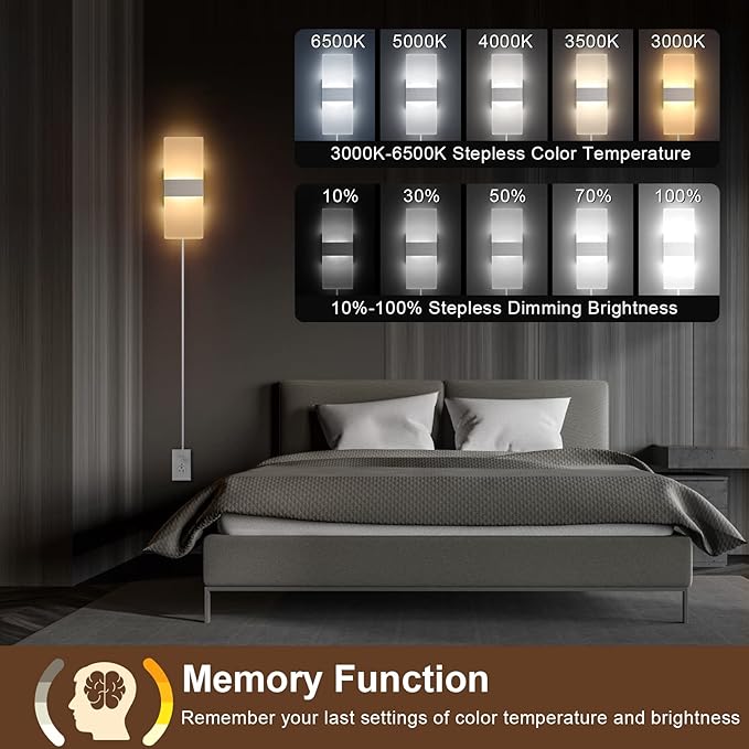 GOODATE Plug in Wall Sconces with Stepless Adjustable 3000K-6500K Colors and 10%-100% Brightness, Sconces Wall Lighting with Remote Control 12W Acrylic LED Wall Lamp with 6FT Plug in Cord, 2 Pack