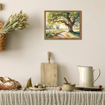 Framed Vintage Tree Landscape Wall Art, Watercolor Country Road Nature Wall Decor Paintings, Rustic Countryside Pictures Canvas Prints Aesthetic Home Decor for Living Room Bedroom Bathroom 16x24 inch