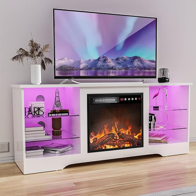 TAVATA Fireplace TV Stand with 18" Fireplace, Modern Entertainment Center for TVs up to 65 inch, Media TV Console for Living Room with Led Lights, Adjustable Glass Shelves and Storage Cabinets (White)