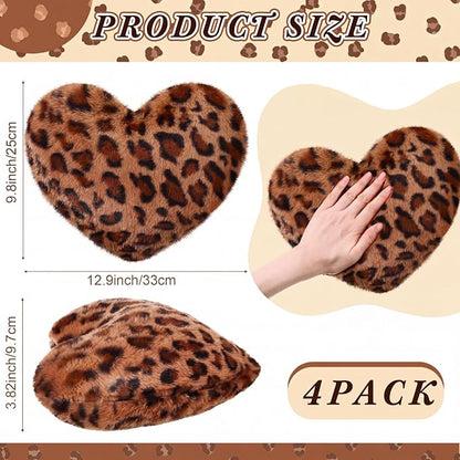 4 Pack Leopard Heart Shaped Pillow Small Cheetah Print Love Pillows 13 x 10 Inch Faux Rabbit Fur Pillows Leopard Throw Heart Pillow for Wedding, Anniversary, Vintage Room Decorative