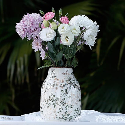 Vintage Green Ceramic Decorative Floral Vase for Flower Bouquet centerpieces Beige Ice Glazed Crack Farmhouse Rustic for Home Decor, Living Room, Shelf, Office, Table 7.7 Inches with Vine Pattern