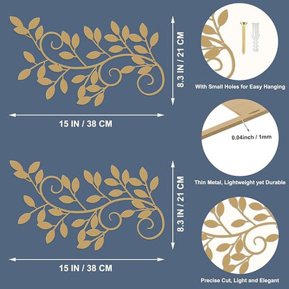 ESTART 2 Pieces Metal Tree Leaf Wall Decor Vine Olive Branch Leaf Wall Art Wrought Iron Scroll Sculptures for Above the Bed, Living Room, Bedroom, Hallway, Indoor and Outdoor Decoration (Gold)