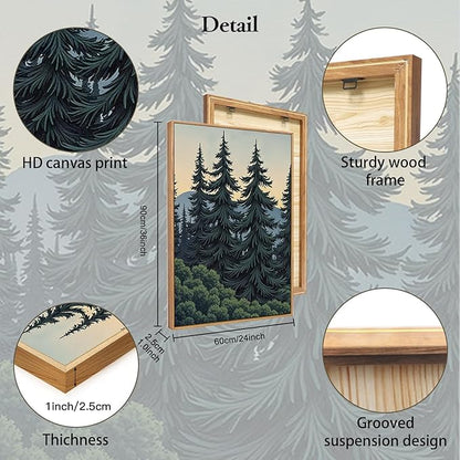 HLNIUC Boho Mountain Sun Forest Framed Canvas Wall Art,Large Nature Sunrise Wall Decor,Yosemite Scene Pine Tree Artwork Set of 3 (24x36),Watercolor Landscape Prints for Living Room,Bedroom,Office