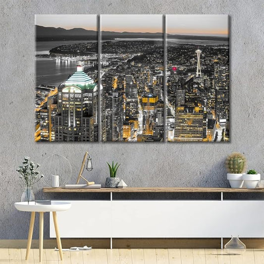 TUMOVO American Cityscape Canvas Paintings Wall Art 3 Pieces Downtown Seattle Skyline in Seattle Washington Skyscrapers Bedroom Decor Wall Art Framed Ready to Hang (60" Wx40 H)