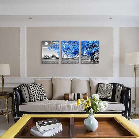 Wall Art For Living Room Black And White Blue Tree Moon Canvas Wall Decor For Home Artwork Huge Painting 20" X 28" 3 Pieces Canvas Print For Bedroom Decor Modern Salon Kitchen Office Hang A Picture