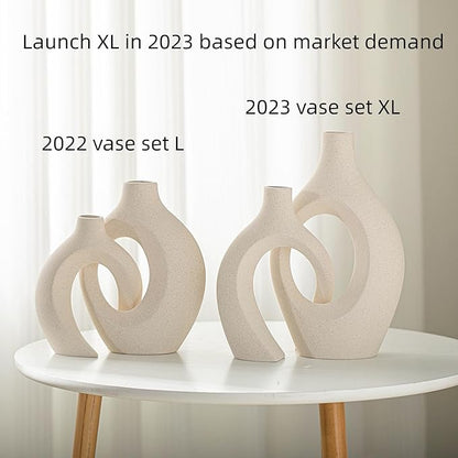 Lvases Snuggle Hollow Ceramic Vase Set of 2, Boho ins Style Round Nordic Mid Century Modern Aesthetic Decorative Vase for Home Decor (Cream W 6.8" X H 11")