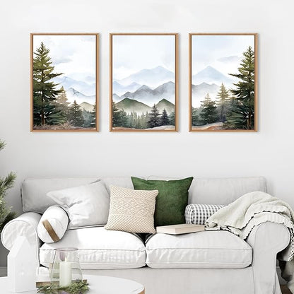KAIRNE Misty Mountain Landscape Framed Canvas Wall Art Set, Nature Forest Wall Decor, Green Pine Tree Art Prints, Modern Foggy Woodland Artwork for Living Room,Bedroom,Farmhouse,Office-24 x36 x3