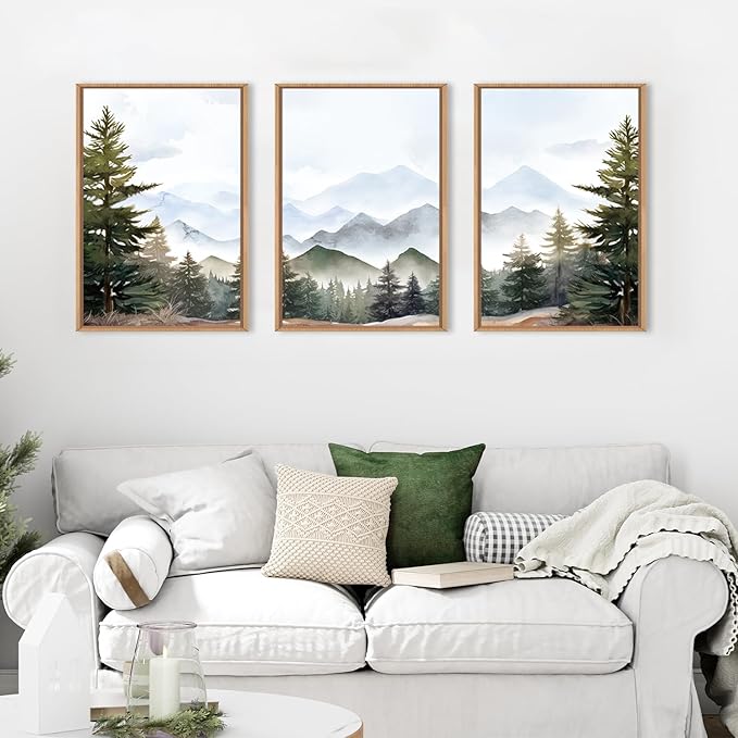 KAIRNE Misty Mountain Landscape Framed Canvas Wall Art Set, Nature Forest Wall Decor, Green Pine Tree Art Prints, Modern Foggy Woodland Artwork for Living Room,Bedroom,Farmhouse,Office-16 x24 x3