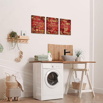 sechars Laundry Room Wall Art Wash Dry Fold Laundry Sign Painting Canvas Prints Red and Gold Bathroom Laundry Decor (Red)