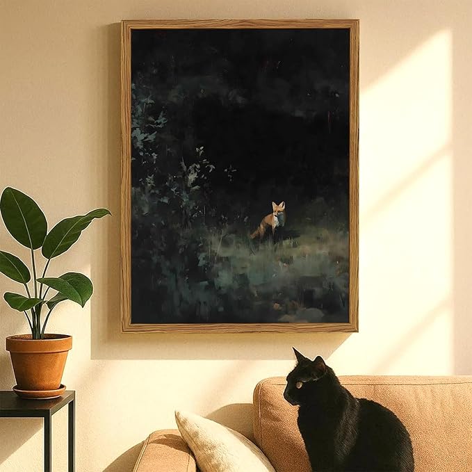 Framed Vintage Wall Art, Cottagecore Fox Wall Decor Paintings, Rustic Forest Animal Landscape Pictures Canvas Prints Country Farmhouse Home Decor for Living Room Bedroom 16x24 inch