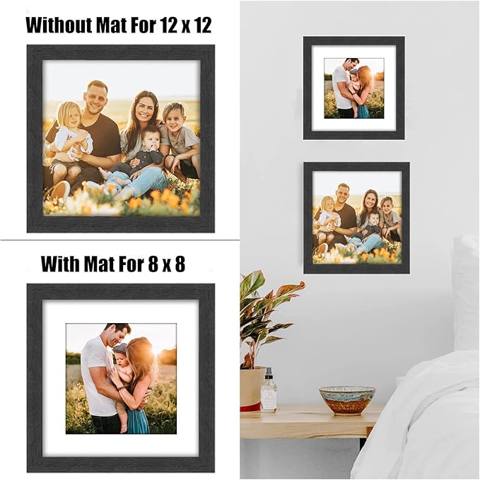 12x12 Picture Frame Rustic Black Wood Set of 6,Display Square Pictures 8x8 with Mat or 12x12 Without Mat,Multi Photo Frames Collage for Wall - Gallery Wall Frame Set