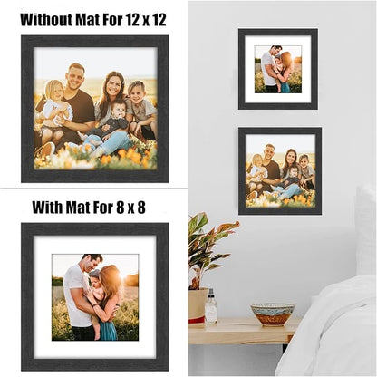 12x12 Picture Frame Rustic Black Wood Set of 6,Display Square Pictures 8x8 with Mat or 12x12 Without Mat,Multi Photo Frames Collage for Wall - Gallery Wall Frame Set