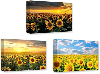 CCWACPP Sunflower Canvas Wall Art 3 Panels Sunflower Floral Field Sunset Pictures Yellow Flower Print Painting Large Living Room Decor Frame (Sunflower - 2, 24x36inchx3Pcs)