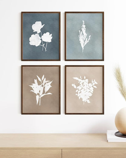 HAUS AND HUES Floral Wall Art - Set of 4 Plant Posters for Wall Vintage Botanical Prints, Flower Pictures for Room Aesthetic, Vintage Art Prints Flower Wall Art (Walnut Frame, 16x20)
