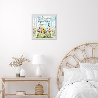 LB Bird Floral Quote Wall Art Watercolor Hummingbird with Bible Quote Flower Canvas Wall Art Nature Plant Window Wall Decor for Living Room Bedroom Bathroom Office Framed Ready to Hang 12L x 12W