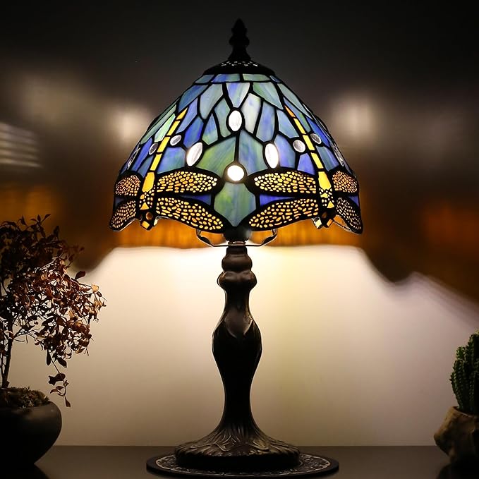 Tiffany Style Lamp Stained Glass Table Lamp 8 x 14.5 Mini Accent Light Blue Dragonfly Design Small Decorative Bedside Reading Memory Lamp