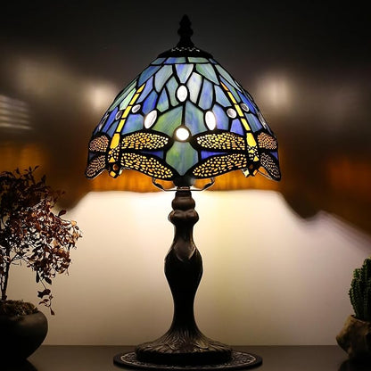 Tiffany Style Lamp Stained Glass Table Lamp 8 x 14.5 Mini Accent Light Blue Dragonfly Design Small Decorative Bedside Reading Memory Lamp
