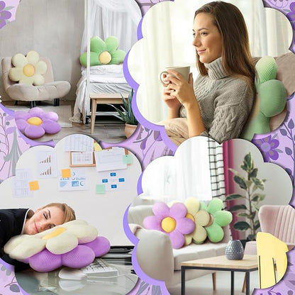 Sratte 3 Pcs Flower Pillows Flower Shaped Throw Pillows Cute Daisy Plush Pillow Decorative Floor Pillow Seat Cushion for Bedroom Home Sofa Chair Couch Decor(Green, Lavender, White,23.62")