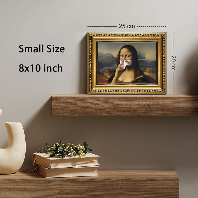 YD&YZY Gold Framed Funny Bathroom Wall Art Mona Lisa Humor Amusing Toilet Art Pinching Nose Wall Decor Vintage Unique Art Painting Picture Print Whimsical Bathroom Restroom 8x10 inch Small Framed