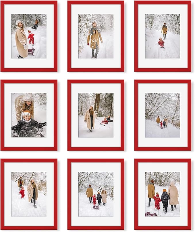 YESKAY 11x14 Picture Frame Set of 9, Photo Gallery Wall Frame Set, Display Pictures 8x10 with Mat or 11 x 14 Without Mat, Multi Photo Frames for Wall Mounting or Table Top Display, Red