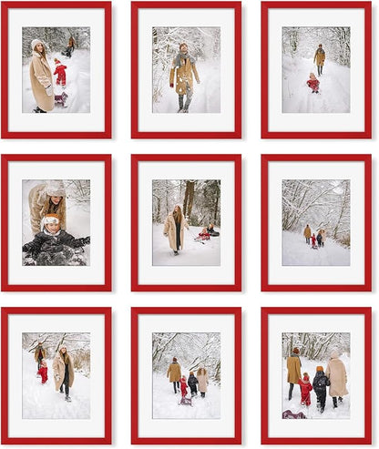 YESKAY 11x14 Picture Frame Set of 9, Photo Gallery Wall Frame Set, Display Pictures 8x10 with Mat or 11 x 14 Without Mat, Multi Photo Frames for Wall Mounting or Table Top Display, Red
