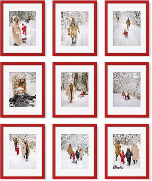 YESKAY 11x14 Picture Frame Set of 9, Photo Gallery Wall Frame Set, Display Pictures 8x10 with Mat or 11 x 14 Without Mat, Multi Photo Frames for Wall Mounting or Table Top Display, Red