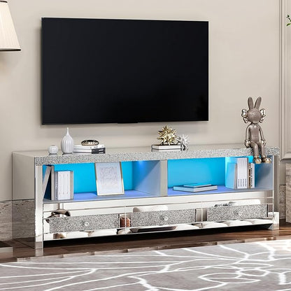 COSVALVE Silver Mirrored TV Stand for TVs Up to 65 Inches, LED TV Stand Modern Entertainment Center with Drawers & Open Storage, TV Console Table for Living Room, Game Room (Fully Assembly)