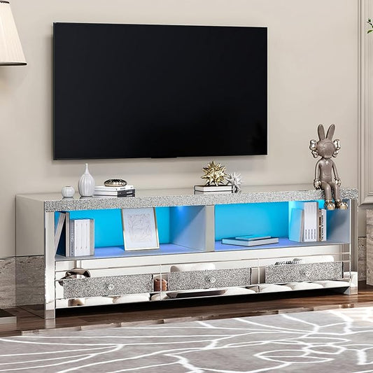 COSVALVE Silver Mirrored TV Stand for TVs Up to 65 Inches, LED TV Stand Modern Entertainment Center with Drawers & Open Storage, TV Console Table for Living Room, Game Room (Fully Assembly)
