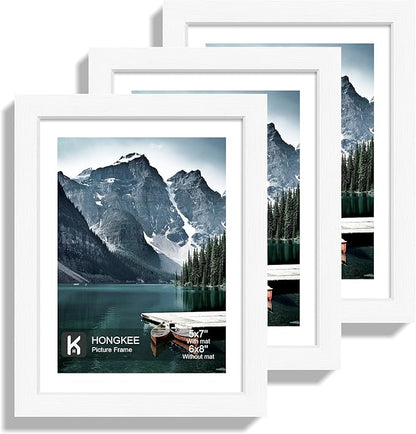 Hongkee 6x8 Picture Frame with Real Glass - Display Pictures 5x7 with Mat or 6 x 8 without Mat, Photo Frame for Wall or Table Top Display(White, 3 Pack)