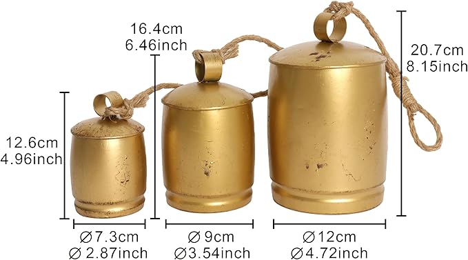 Vintage Gold Metal Cow Bells Set of 3 Handcrafted Hanging Bells with Jute Rope Rustic Farmhouse Distressed Bells for Porch Wreaths Walls & Year-Round Ranch Décor