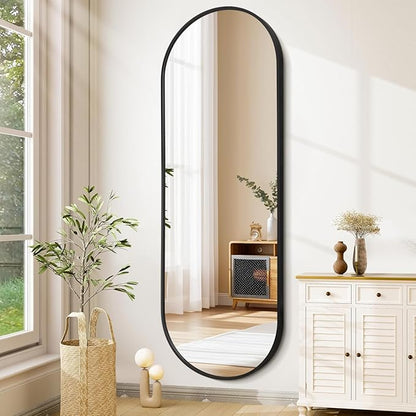 JJUUYOU Oval Full Length Mirror Black Metal Framed Bathroom Mirrors for Wall 63"X32" Inch Matte Bedroom Vanity Mirror Farmhouse Anti-Rust Tempered Glass Hangs Horizontally or Vertically Mirrors