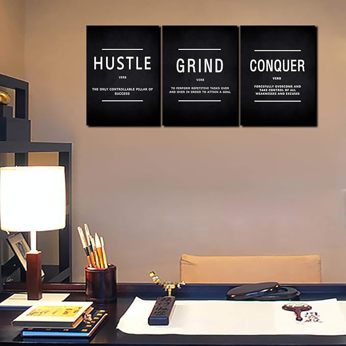 KAWAHONE Grind Hustle Conquer Wall Art, Success Canvas Painting Wall Decor Motivation Poster Framed Inspiration Quotes Picture Positive Wall Hanging for Home Office Workplace -16" Wx 24" Hx 3 PCS