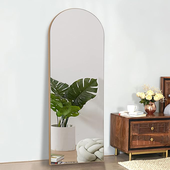 NicBex Arched Full Length Mirror, 64"x21" Aluminum Alloy Frame Full Body Mirror with Stand, Gold - Free Standing, Leaning Against Wall or Wall-Mounted, for Bedroom Living Room Dressing Room