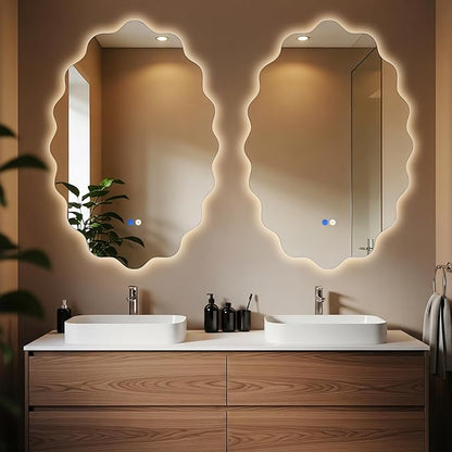 Dorlicecass Oval Wavy Led Bathroom Mirror- Vanity Mirror with Lights IP54 Enhanced Anti-Fog,Single Piece 24"x36" 3 Colors Dimmable, Memory,Tempered Glass,UL Listed