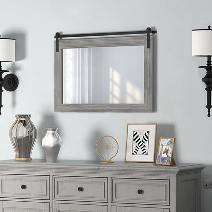 COGOOD Farmhouse Barn Door Mirror - 29" x 22" Rustic Wood Framed Wall Mirror for Bathroom, Living Room, Entryway Wall Decor (Grey)