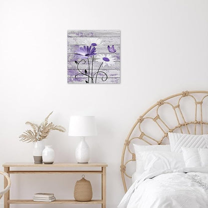 HVEST Farmhouse Purple Floral Wall Art for Living Room, Daisy and Butterfly on Rustic Wood Canvas Wall Art Nature Plant Flower Pictures for Bathroom Bedroom Apartment Wall Decor,12L X 12W inches