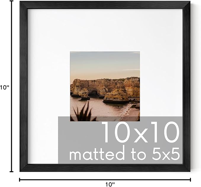 HAUS AND HUES 10x10 Black Metal Picture Frame Matted to 5x5 - Features Premium Aluminum & Hanging Hardware, Shatterproof Plexiglass - Ideal for Home, Room, Office (10x10 in, Black, Set of 1)