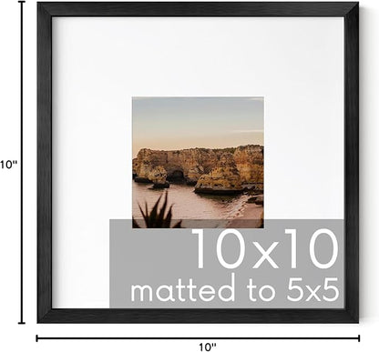 HAUS AND HUES 10x10 Black Metal Picture Frame Matted to 5x5 - Features Premium Aluminum & Hanging Hardware, Shatterproof Plexiglass - Ideal for Home, Room, Office (10x10 in, Black, Set of 1)