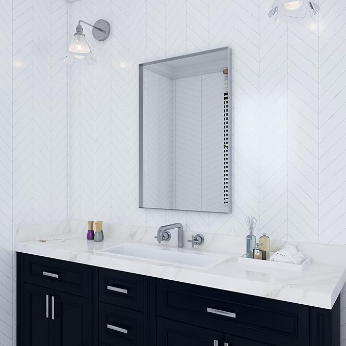 VocalStar Silver Bathroom Mirror, 18 x 26 Inch Square Corner Rectangle Nickel Metal Framed Bathroom Vanity Mirrors for Wall Modern, 1/4-inch Shatterproof Glass | Ultra-Flush Hanging