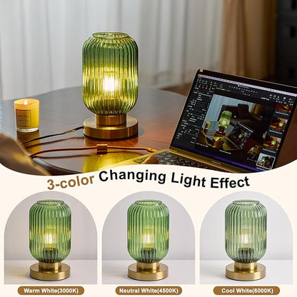 Bedside Table Lamp with Green Glass Shade, Small Nightlight Lamp Elegant Glass Nightstand Lamps Modern Desk Light with Plug-in Style for Bedroom Living Room Tabletop Dia5.9 x H9.8