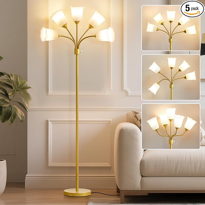 GyroVu Medusa Floor Lamp, Multi Head Modern Tall Lamp with Adjustable Gooseneck Standing Gold Lamps for Living Room Kids Room&Bedroom-5 White Lampshades-Bulb Not Included