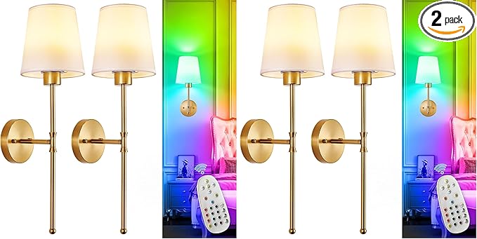 Depuley Battery Operated Wall Sconce: Set of 2 Wireless Wall Lights with Remote for Bedroom - Rechargeable 15 Colors Gold Wall Lamp for Living Room Hallway (Pack of 2)